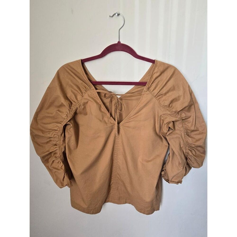Loft Camel Ruched 3/4 Sleeve V Neck Tie Back Top. Size XS. Pre-owned.